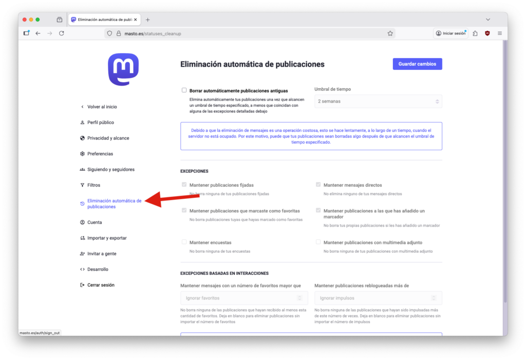 Captura de pantalla de mastodon con las opciones de eliminación automática de publicaciónes