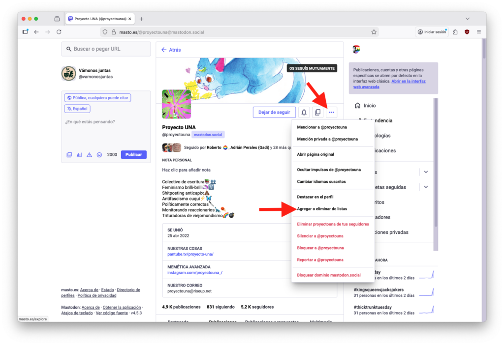 Captura de pantalla de mastodon con las opciones para agregar o eliminar de una lista