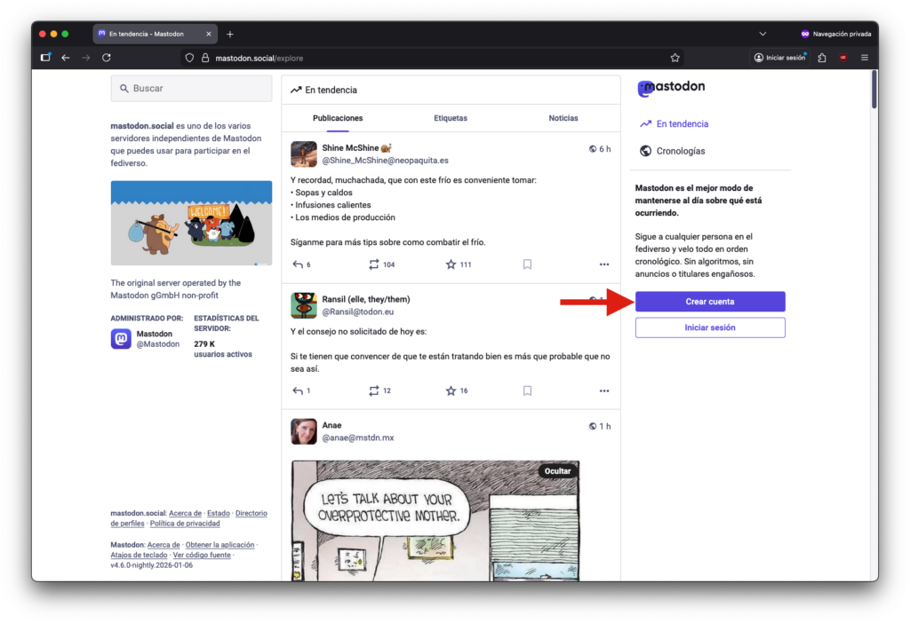 Captura de pantalla de mastodon.social para escritorio con una flecha donde están los botones para crear cuenta e iniciar sesión