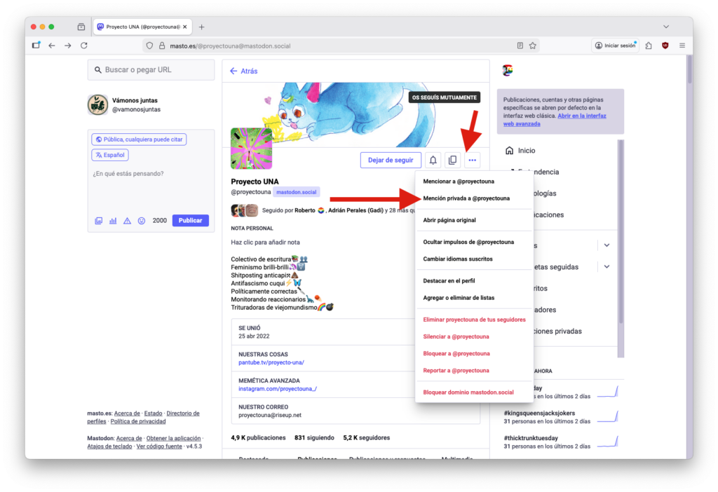 Captura de pantalla de mastodon con las opciones para enviar un mensaje privado