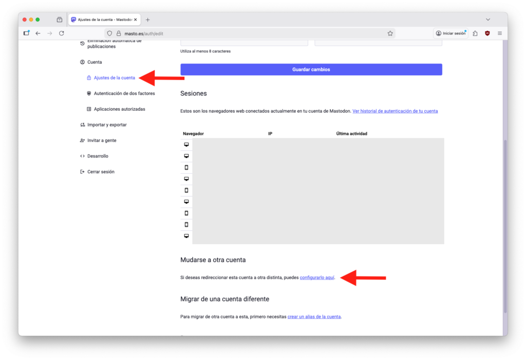Captura de pantalla de la configuración de mastodon en escritorio