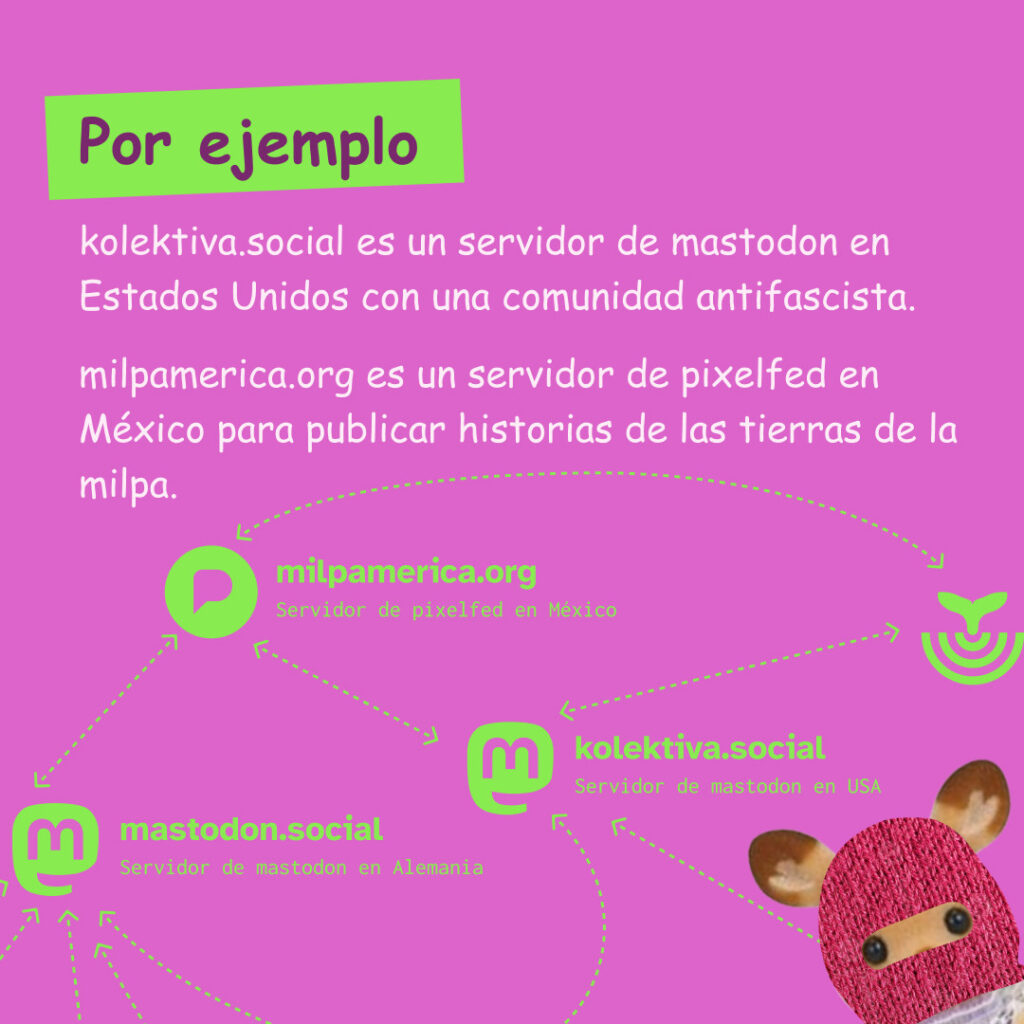 Banner con un color rosa fuerte con color destacado en verde amarilloso de los logos de redes sociales del fedierso y un ternurin con un pasamontañas rosa. El texto lee: Por ejemplo
kolektiva.social es un servidor de mastodon en Estados Unidos con una comunidad antifascista.
milpamerica.org es un servidor de pixelfed en
México para publicar historias de las tierras de la milpa.