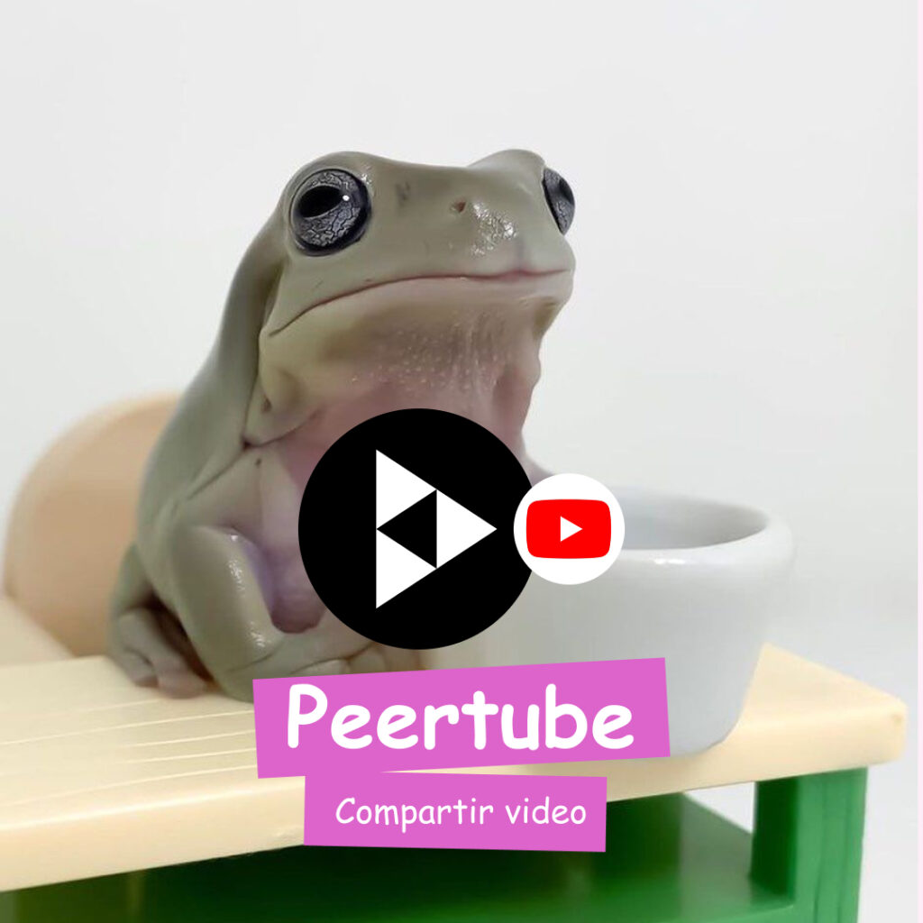 Banner con una rana de fondo, tiene el logo de peertube y dice que sirve para compartir videos