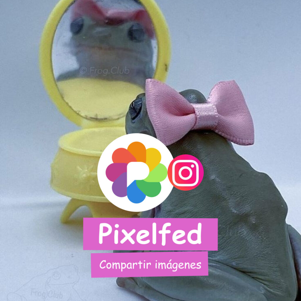 Banner con una rana de fondo, tiene el logo de pixelfed y dice que sirve para compartir fotos