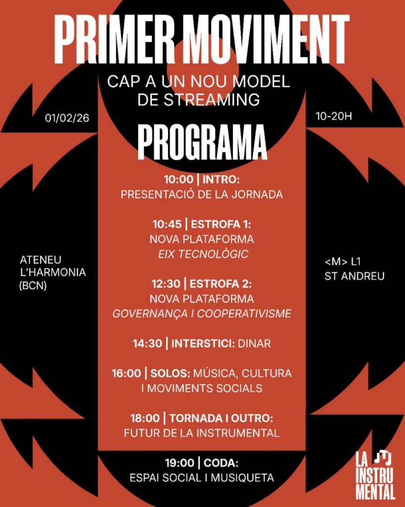 Programa de la trobada de l'1 de Febrer de La instrumental.

10:00 | INTRO: Presentació jornades

10:45 | ESTROFA 1: NOVA PLATAFORMA EIX TECNOLÒGIC

12:30 | ESTROFA 2: NOVA PLATAFORMA EIX GOVERNANÇA

14:30 | DINAR

16:00 | SOLOS: PRESENTACIÓ INICIATIVES

18:00 | TORNADA I OUTRO: LA INSTRUMENTAL

19:00 | CODA: MÚSICA I ESPAI SOCIAL

01/02/26, de 10-20h.
Ateneu l'Harmonia (BCN)
Metro: L1 St Andreu